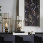 CosmoLiving by Cosmopolitan Metal Pillar Candle Holder with Metal Stand, 8" x 4" x 13", Gold - Image 3