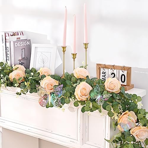 6 Ft Champagne Fuller Flower Garland with 6 Pcs Butterfly, Fake Rose Vine - Image 3