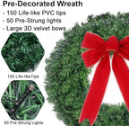24in Pre Lit Christmas Wreath with Lights & Timer & Remote - 50 Multi-Colored LEDs, 8 Lighting Modes - Lighted Christmas Wreath with Hanger & Red Bow for Christmas Indoor Front Door Porch Decorations - Image 4