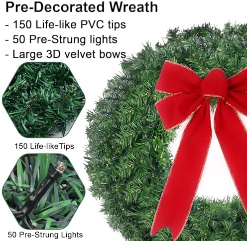 24in Pre Lit Christmas Wreath with Lights & Timer & Remote - 50 Multi-Colored LEDs, 8 Lighting Modes - Lighted Christmas Wreath with Hanger & Red Bow for Christmas Indoor Front Door Porch Decorations - Image 4