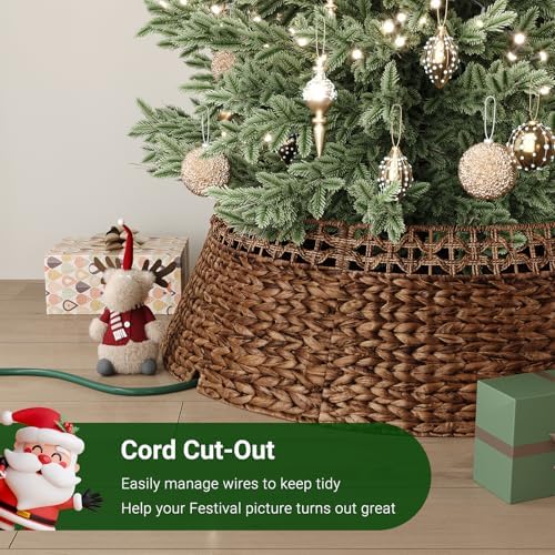 ELYKEN 33 Inch Woven Rattan Christmas Tree Collar, Stylish Seagrass & Water Hyacinth Xmas Tree Skirt for Artificial Trees, Wicker Tree Base Cover with Cord Cut-Out Farmhouse Tree Ring for Home Decor - Image 4
