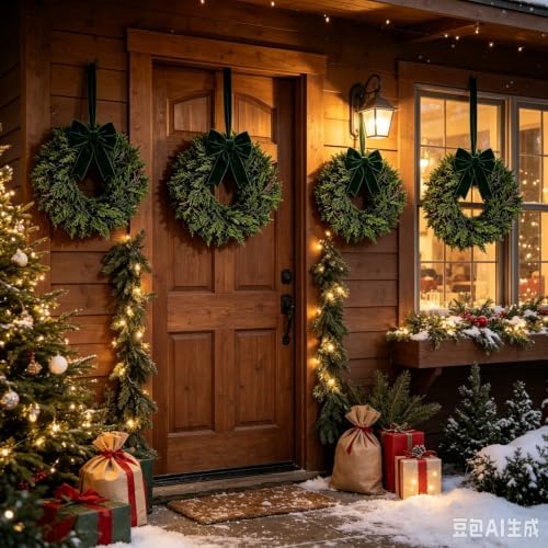 6 Pcs Small Christmas Hanging Wreaths with Artificial Cedar Pine Greenery Dark Green Velvet Ribbon Mini Cabinet Wreath for Porch Front Door Window Wall Farmhouse Rustic Christmas Winter Holiday Decor - Image 5