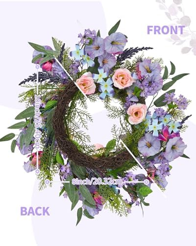 20 Inch Artificial Trumpet Rose Wreath – Purple & Pink Spring Summer Fall Winter Door Decor – PVC+PE Farmhouse Wall Wreath for Indoor Outdoor Use – Lifelike Floral Design - Image 2
