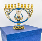 Mosaic Artistic Jeweled Menorah (Hand-Painted Jeweled Mosaic Blue & Gold - Harp)… - Image 5