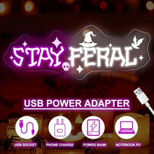 Stay Feral Neon Sign, Witch Hat Skull Halloween LED Wall Light 16x5.9 Inch - Image 4