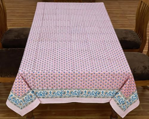 72x108 Inches Rectangle Hand Block Printed Cotton Tablecloth, Pink Blue Floral Table Cloths Washable, Indian Table Linen for Halloween Christmas Outdoor Thanksgiving Gifts Home Decor Dinning Outdoor - Image 2
