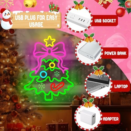 Christmas Neon Sign Pink Bow Christmas Tree Neon Sign for Wall Decor Xmas Tree Led Sign with Star Candy Neon Light Up Signs for Bedroom Window Holiday Door Xmas Party Home Decoration Winter Porch - Image 4
