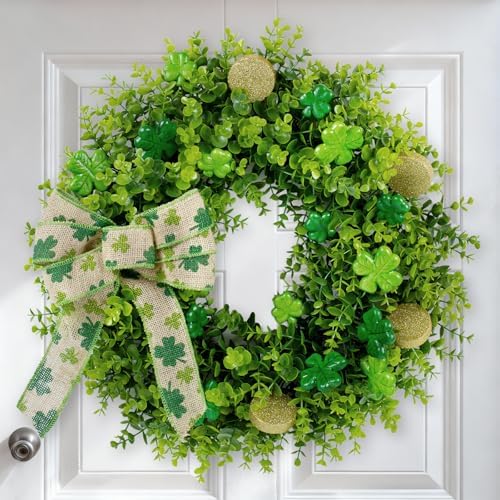 22" St Patrick's Day Wreath with Boxwood & Bow Decorations for Front Door by Unknown