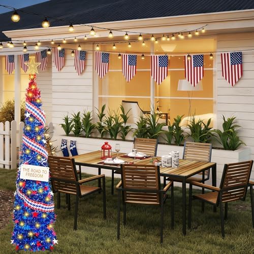4th of July 5 Ft Artificial Christmas Tree Pop-Up Collapsible Pencil Christmas Trees with 100 Color for Indoor Outdoor Independence Day Patriotic Party Decorations (red Blue) - Image 2