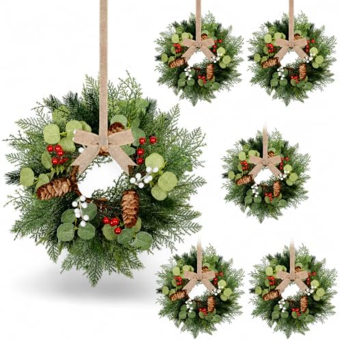 6 PCS Christmas Mini Cabinet Wreath for Kitchen with Ribbon Artificial Eucalyptus Cedar Hanging Garland with Red Berries Pine Cones for Swag Table Centerpiece Door Window Chair Wall Winter Decor by Unknown