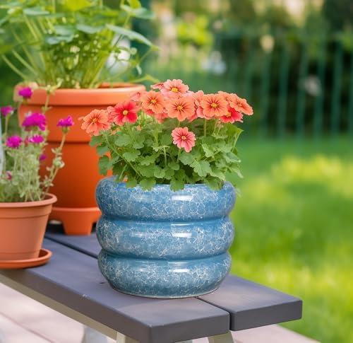 SQOWL 8 Inch Plant Pot with Drainage Hole - Ceramic Pot for Plants Outdoor Planter for Indoor Plants Decorative Plant Pot Medium Flower Pot Round Planter for Bathroom House Decor Blue - Image 2