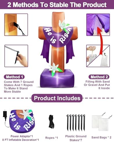 8 Ft Easter Inflatable Cross Outdoor Decoration, Blow Up He is Risen Yard Decorations with Built-in LED Lights Easter Party Decor Yard Garden Lawn Indoor Outdoor Home - Image 3