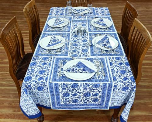 90x90 Inches Square Hand Block Printed Cotton Tablecloth, Blue White Floral Table Cloths Washable, Indian Table Linen for Halloween Christmas Outdoor Thanksgiving Gifts Home Decor Dinning - Image 4