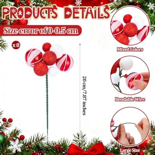 Daifunli 8 Pcs Red and White Peppermint Christmas Ball Tree Picks 7.87 Inch - Image 2