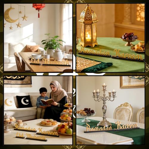 Amyhill 4 Pcs Eid Mubarak Ramadan Kareem Table Decor Ramadan Mubarak Letter Wooden Tabletop Centerpiece Islamic Decoration Sign for Home Office Party Decorations - Image 4