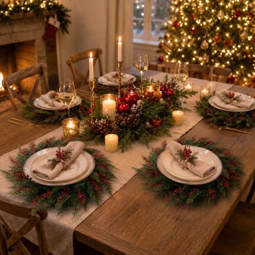 Christmas Round Placemat Set of 12 Artificial Cedar Wreath Charger - Image 4