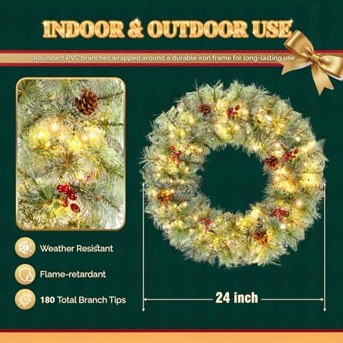 VINGLI 24" Small Christmas Wreath 2 Pack with 100 LED Battery Lights - Image 3
