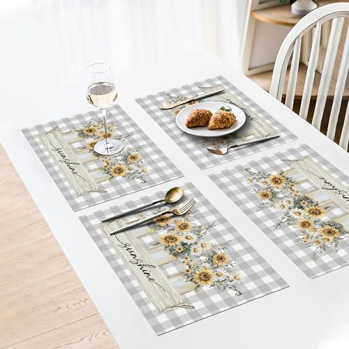 Sunflower Spring Placemats Set of 6, 12x18 Inch Summer Sunshine Flower Table Place Mat Floral Washable Non-Slip Heat Resistant Fabric Placement Mats for Dining Kitchen Indoor Outdoor Decor - Image 3