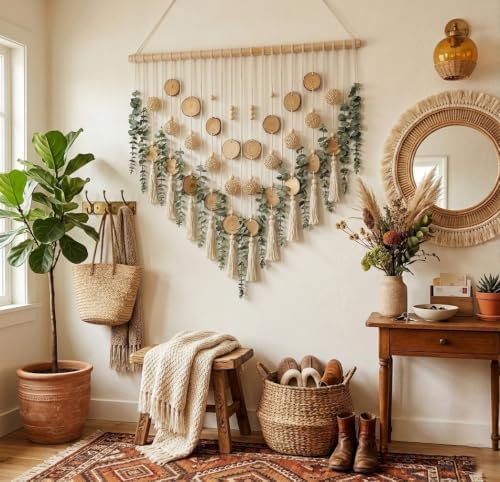 Macrame Leaf Wall Hanging Fake Eucalyptus Decor with 2-Piece Wood and Ball Wall Decor Large for Bathroom Bedroom Kitchen, Artificial Wall Hanging Plants，Boho Wall Art - Image 4