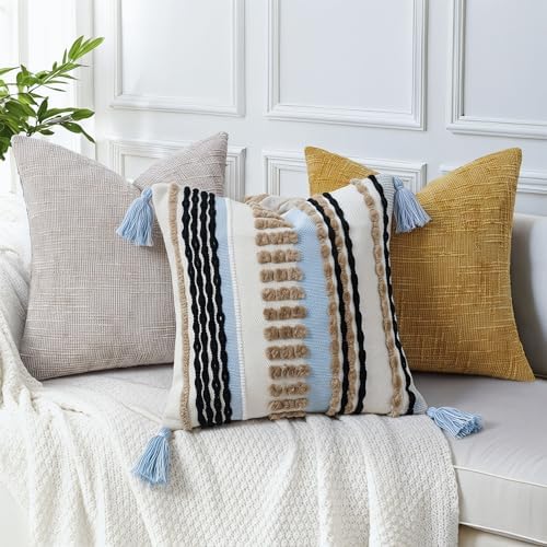 NUYECY Boho Throw Pillow Covers 18x18 Aesthetic Neutral Boucle Couch Pillow Cover Rainbow Striped Decorative Accent Pillow Case for Couch Bed Sofa Farmhouse Bedroom,Modern Funky,Set of 2 Khaki - Image 5