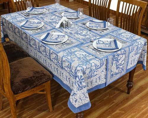 72x160 Inches Rectangle Hand Block Printed Cotton Tablecloth, White Blue Floral Table Cloths Washable, Indian Table Linen for Halloween Christmas Outdoor Thanksgiving Gifts Home Decor Dinning Outdoor - Image 4