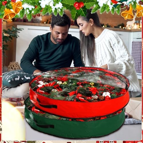 Aliceset 4 Pack Wreath Storage Bags, 36 x 36 x 7.8 Inch, Red, Green - Image 5