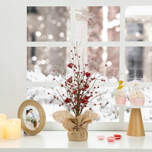 Glitzhome Valentine Artificial Berry Heart Blossom Table Tree 18”H Red Heart Tree Table Centerpiece for Valentine’s Day Holiday Decoration Home Decor Artificial Plants - Image 3