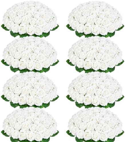 200Pcs White Roses Artificial Flowers Real Touch Velvet Fake Roses Bouquet by BLEUMCADE