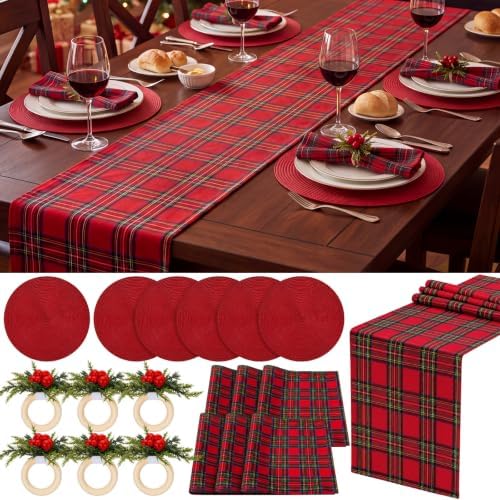Fanfanwin 19 Pcs Christmas Table Runner Placemat Set, Red Tartan by Fanfanwin