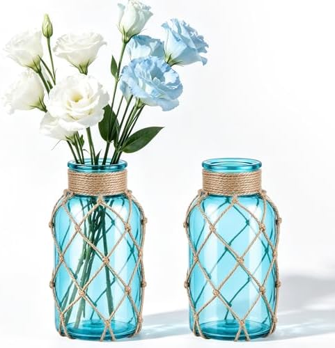 Coastal Glass Vases for Flowers,Boho Rope Mason Jars for Centerpiece,Nautical Beach Decorative Bottles for Home,Bedroom,Bathroom, Beach Wedding Floral Arrangement Decor (2, Aqua Blue) by LEYIQU
