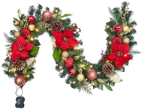 Garvee 6 Feet Christmas Garland with Lights for Mantle, Red Gold by Garvee