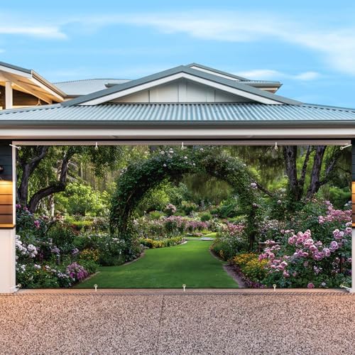 7 * 16FT Summer Garage Door Cover Decorations Sunset Palm Trees Garage Door Banner for Outdoor Indoor Summer Party Photography Backdrop (Green leaf arch, 7 * 16 ft) - Image 4
