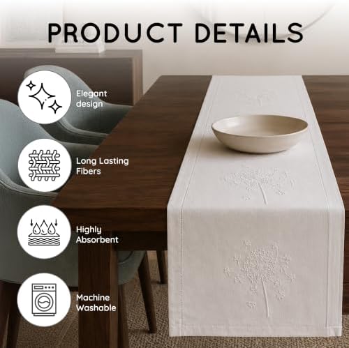 Hand-Embroidered Cotton Table Runner, 16 x 72 Inch, White Dandelion - Image 5