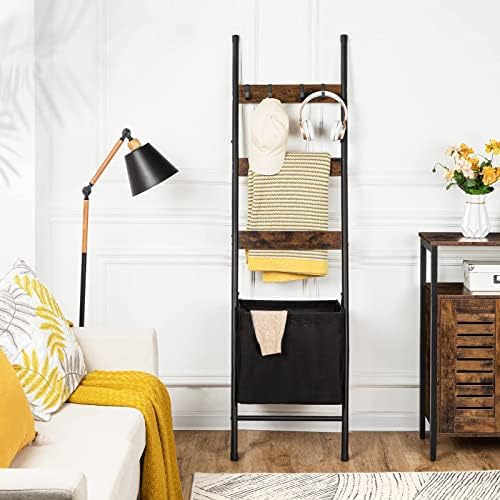 HOOBRO Blanket Ladder with Basket, 17.3”L x 63.4”H, Towel Rack with Hooks, Blanket Holder Rack, Decorative Ladder Shelf, Drying and Display Rack for Bathroom, Living Room, Rustic Brown BF31CJ01 - Image 2