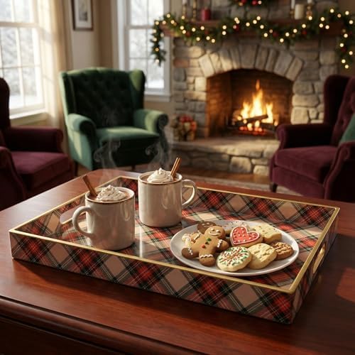Rectangular Decorative Tray with Handles, Plastic Serving Tray for Living Room, Home Decor, Christmas，15.7" x 11.8" Red Plaid - Image 3