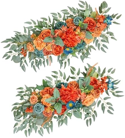 TINGE TIME Burnt Orange & Dark Teal Flower Garlands, 2 PCS Artificial Eucalyptus Garlands, Handcraft Artificial Rose Arch Flower for Wedding Arch Sweetheart Table Ceremony Backdrop Decoration for Home by TINGETIME