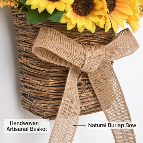 Sunflower Basket Wreath for Front Door - Handwoven Rattan Wreath with Sunflower and Wildflower Bouquet, Farmhouse Spring and Summer Porch Decor - Image 4