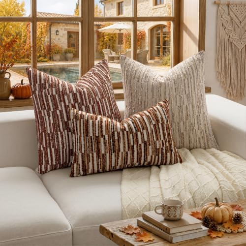 Boho Striped Decorative Throw Pillow Covers 24"X24" Set of 2，Burgundy - Image 6