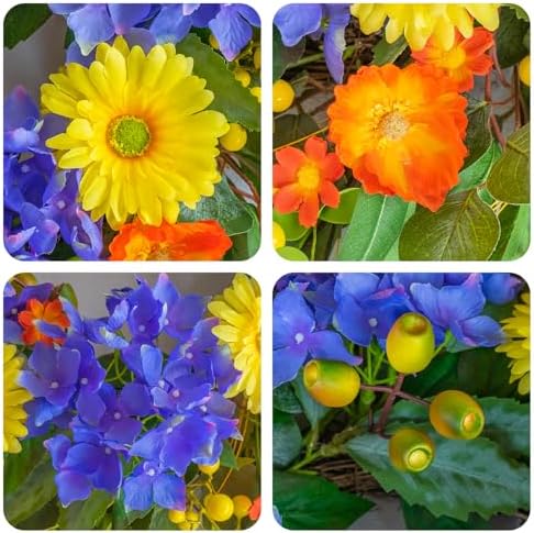 Spring Summer Wreaths for Front Door, Soomeir 24 Inch Door Wreath with Blue Hydrangea, Daisy and Poppies, for All Seasons Outside Indoor Outdoor Home Farmhouse Wedding - Image 4