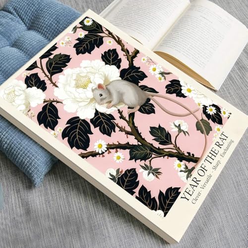 Enchanting Pink Oriental Home Decor - Chinese Lunar Year of the Rat Art Print White Peony & Daisy Pattern Zodiac Wall Art for Bathroom Bedroom Living Room and More 8X12 in Black Framed - Image 3