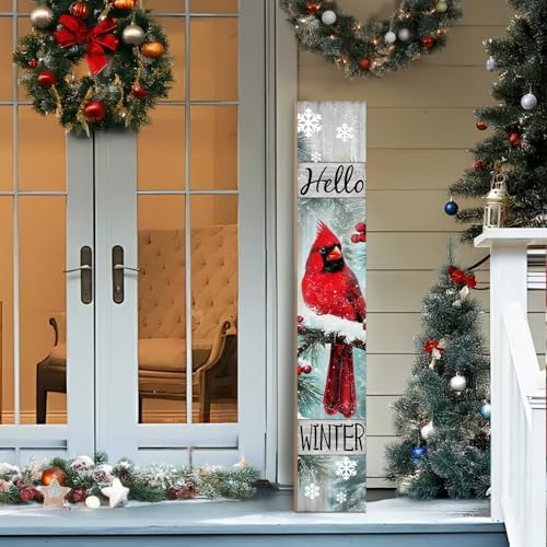 Winter Porch Sign, Christmas Sign for Front Porch, Cardinal Bird Wooden Sign Yard, Vertical Wood Sign Standing for Patio Front Door Porch, Hello Winter Holiday Home Party Entryway Yard Wall Decor Indoor Outdoor, 47x8 inch - Image 5