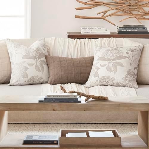 Foindtower Set of 2 Linen Floral Vintage Throw Pillow Covers Neutral Accent Decorative Cushion Covers Farmhouse Boho Home Decor for Sofa Chair Couch Bedroom Living Room,20×20 Inch,Tan Beige - Image 6