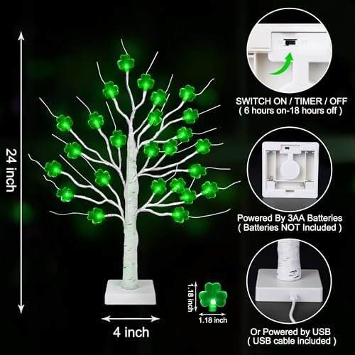 St Patricks Day Decorations 2 Pack 24 Inch Shamrock Tree Lights, USB or Battery Operated Saint Patricks Day Decor Tree with 24 LED Shamrock Lights, St. Patrick's Day Lights for Home Party Table Office - Image 2