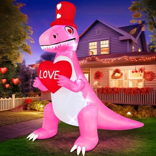 TURNMEON 8 Ft Long 6 Ft Tall Giant Valentines Day Inflatables Dinosaur Decorations Outdoor Blow Up Pink Dinosaur Holds Loves Heart with LEDs Valentine Day Decor for Yard Garden Lawn Wedding Party - Image 3