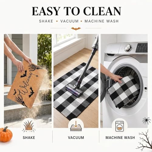Halloween Welcome Door Mat Combo Set, Skeletal Hand Coco Coir Doormat -28" x 43" Black and White Plaid Rug, Autumn Front Porch Entryway Decor Floor Mat - Image 5