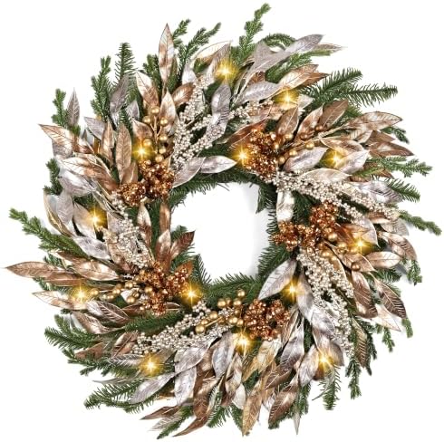 Christmas Wreaths for Front Door - 8 Lighting Modes 26 Inch Real Touch Pine Wreath with Gold Leaves & Champagne Berries Prelit Winter Wreath for Outdoor Christmas Decorations Windows Indoor Home Decor by Zmtyykh