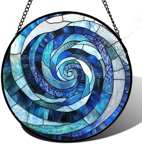 Blue Ocean Wave Stained Glass Window Hanging Suncatcher Gift for Women 15" by Follow