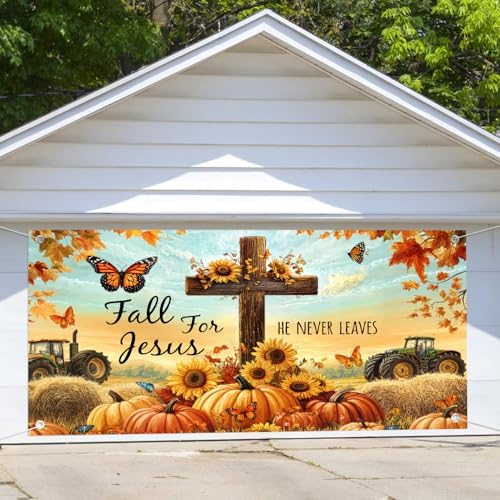 16X7Ft Fall for Jesus Garage Door Cover Banner Decorations, He Never Leaves Thanksgiving Backdrop Garage Door Autumn Backdrop Wall Decorations for Outdoor Home Yard Decor Party Photo Backgrounds - Image 5