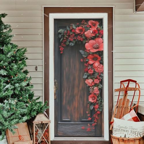 Burbuja Valentine Flowers Wood Door Cover, Stretch Fabric Backdrop Door Porch Covers for Home Party Holidays Decoration, 35x79 In - Image 6