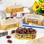 4 Pcs Ramadan Dates Holder Golden 7.2" Acrylic Vintage Platter Metal Eid Al-fitr Dessert Plate Serving Dish Trays with Clear Dome Lid Embossed Patterns for Ramadan Party Table Decoration by Unknown